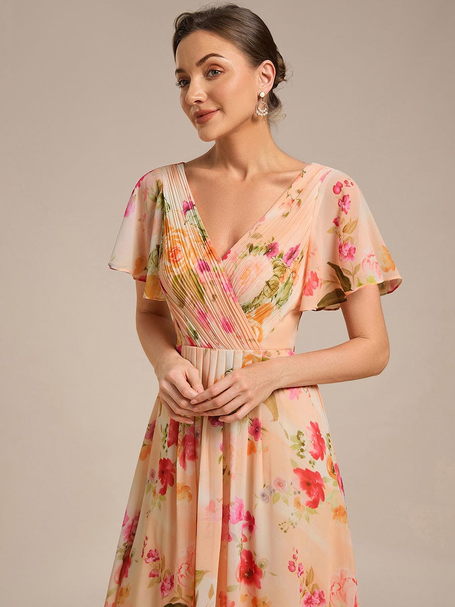 Elegant V-Neck Flowy High-Low Short Sleeve Wedding Guest Dress #color_Peach Fuzz