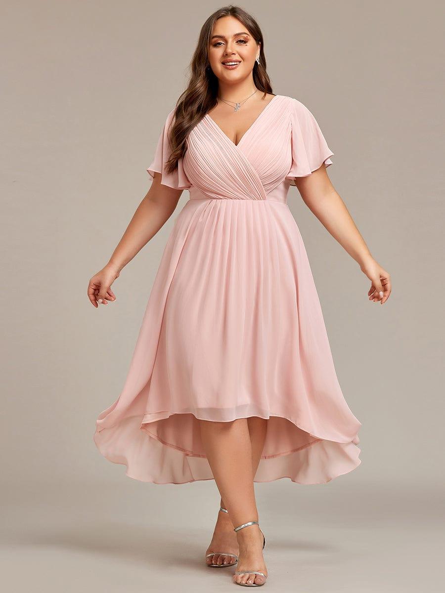 Plus Size Double V-Neck Ruffles Sleeve Chiffon Midi Wedding Guest Dress #color_Pink