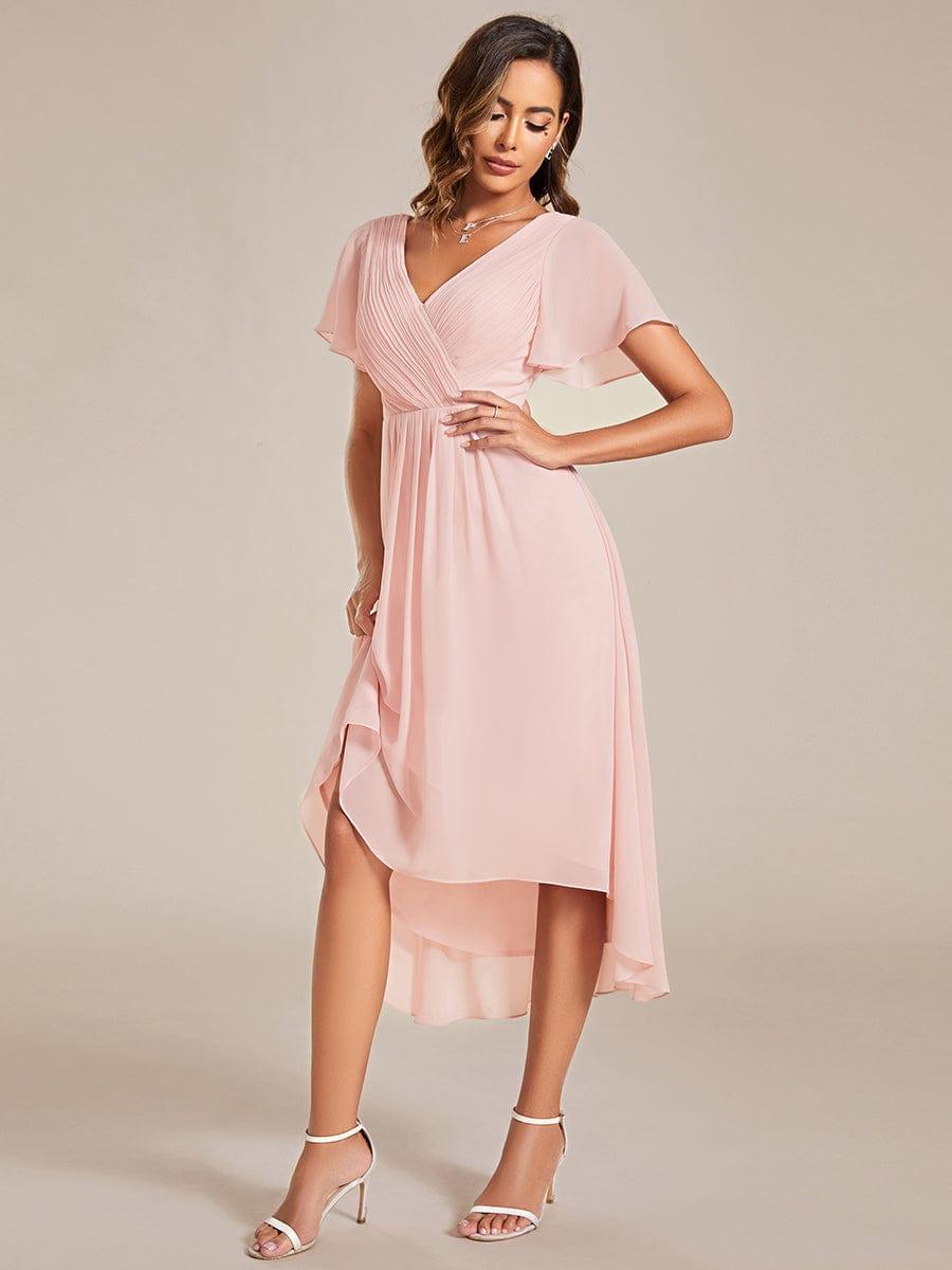 Plus Size V-Neck Pleated Chiffon Midi Wedding Guest Dress #color_Pink