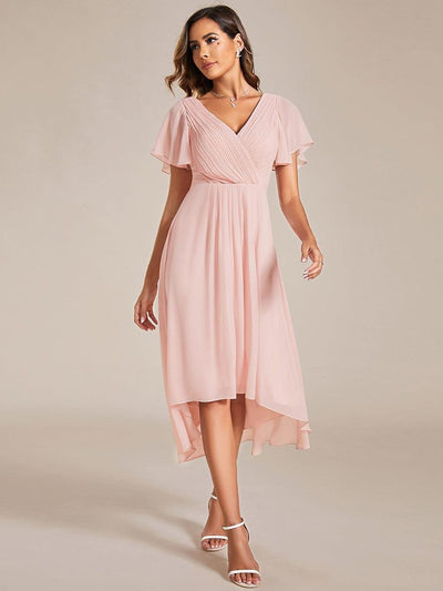 ever FAYE|Chic V Neck Asymmetrical Hem Ruffles Sleeve Pleated Chiffon Wedding Guest Dress