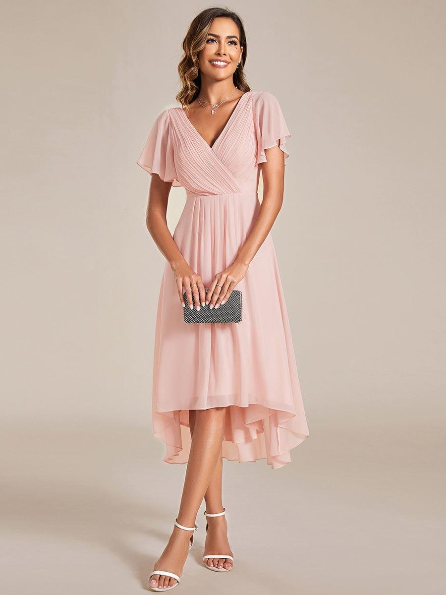 Plus Size Pleated Midi Ruffles Sleeve Chiffon Bridesmaid Dress #color_Pink