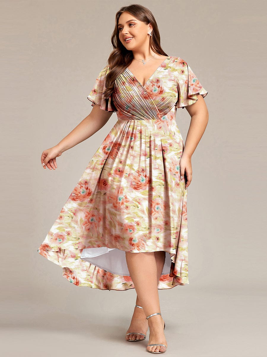 Elegant V-Neck Flowy High-Low Short Sleeve Wedding Guest Dress #color_Rosewood Mist