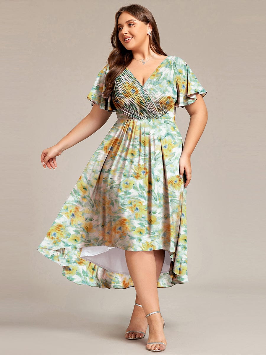 Elegant V-Neck Flowy High-Low Short Sleeve Wedding Guest Dress #color_Sunlit Fern
