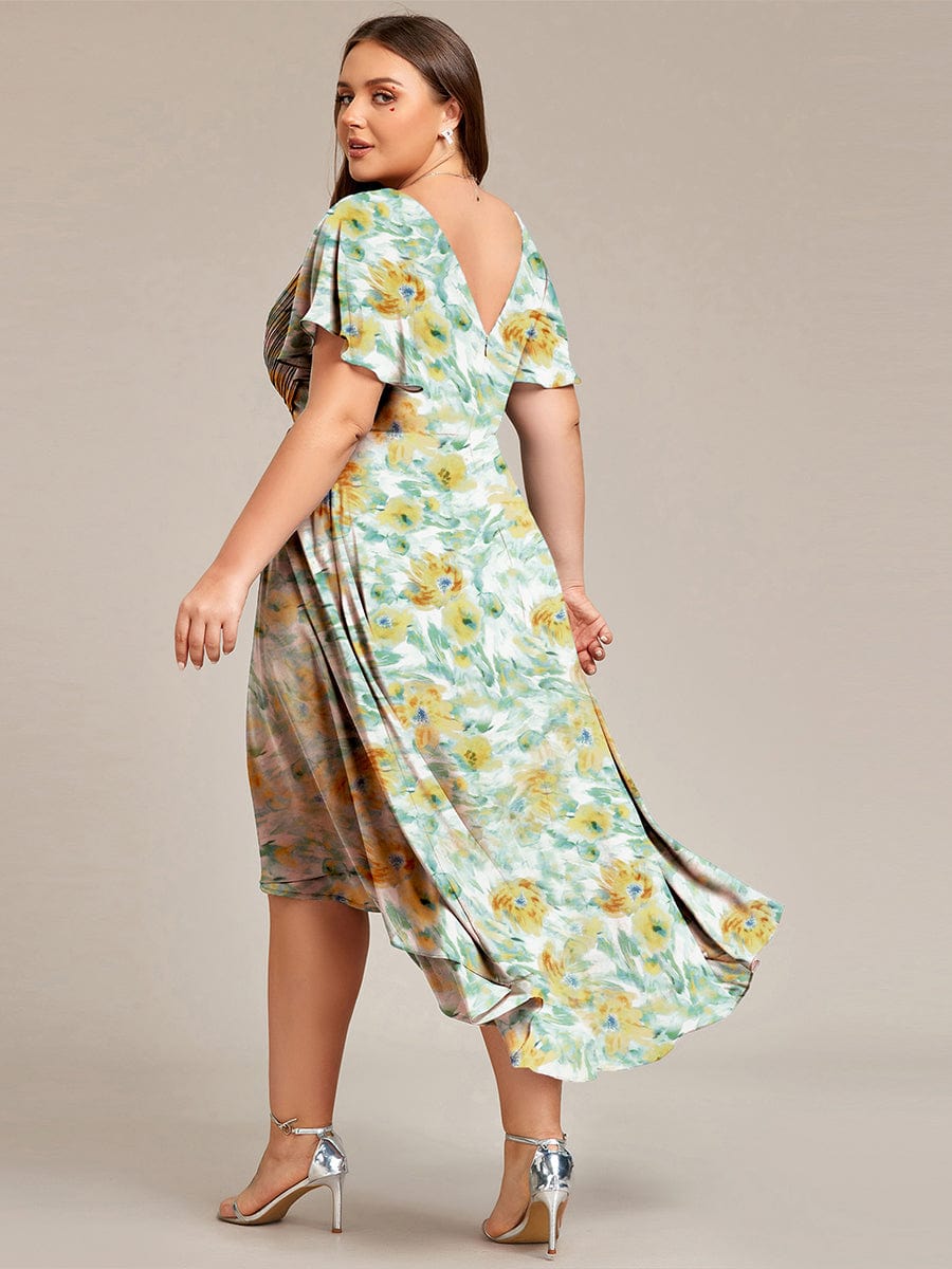 Elegant V-Neck Flowy High-Low Short Sleeve Wedding Guest Dress #color_Sunlit Fern