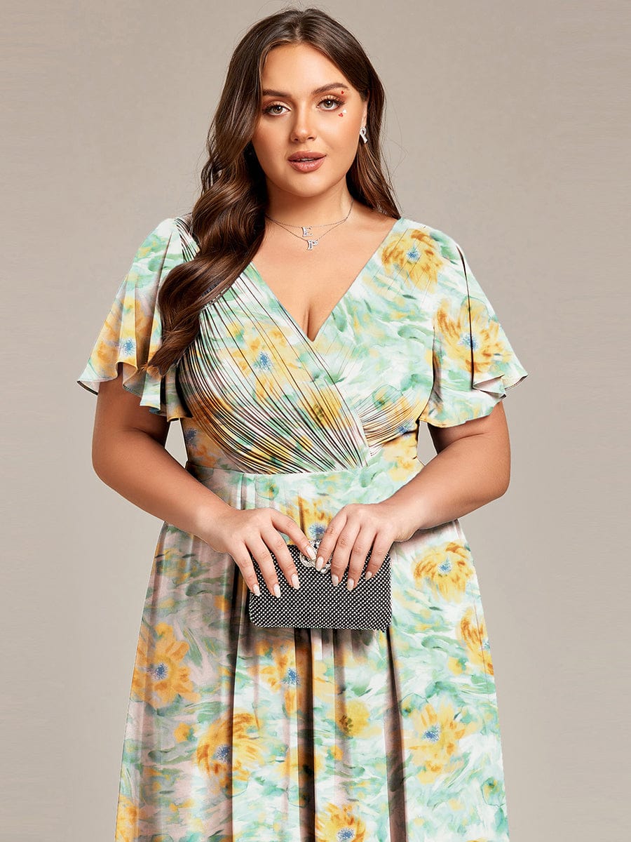 Elegant V-Neck Flowy High-Low Short Sleeve Wedding Guest Dress #color_Sunlit Fern