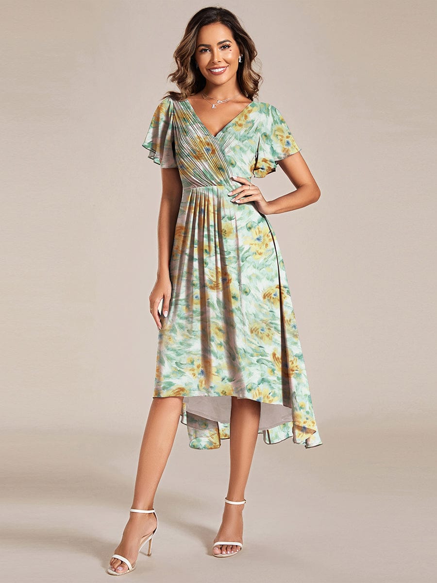 Elegant V-Neck Flowy High-Low Short Sleeve Wedding Guest Dress #color_Sunlit Fern