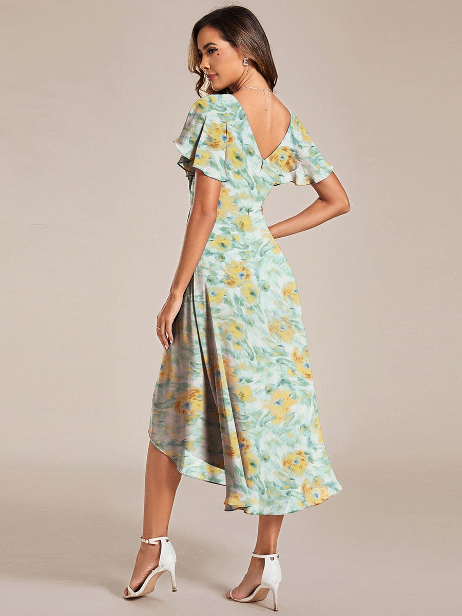 Elegant V-Neck Flowy High-Low Short Sleeve Wedding Guest Dress #color_Sunlit Fern