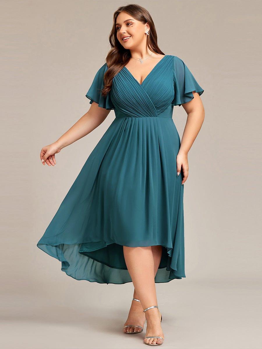 Plus Size Double V-Neck Ruffles Sleeve Chiffon Midi Wedding Guest Dress #color_Teal
