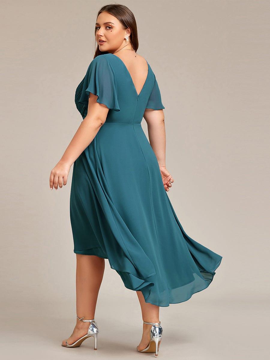 Plus Size Pleated Midi Ruffles Sleeve Chiffon Bridesmaid Dress #color_Teal
