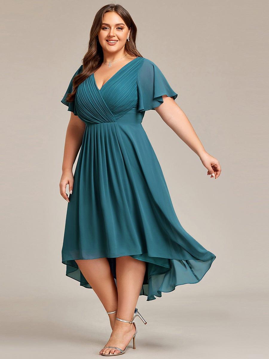Plus Size Double V-Neck Ruffles Sleeve Chiffon Midi Wedding Guest Dress #color_Teal