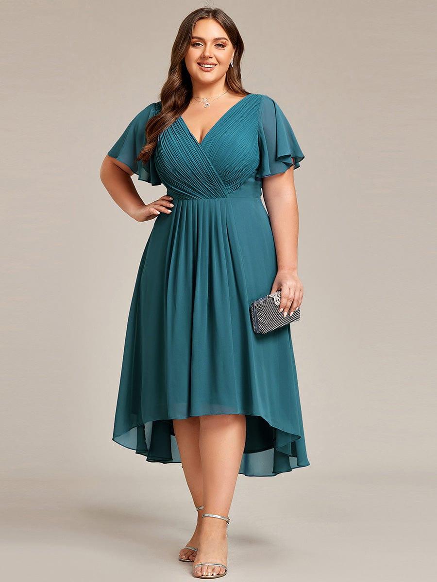 Plus Size Double V-Neck Ruffles Sleeve Chiffon Midi Wedding Guest Dress #color_Teal