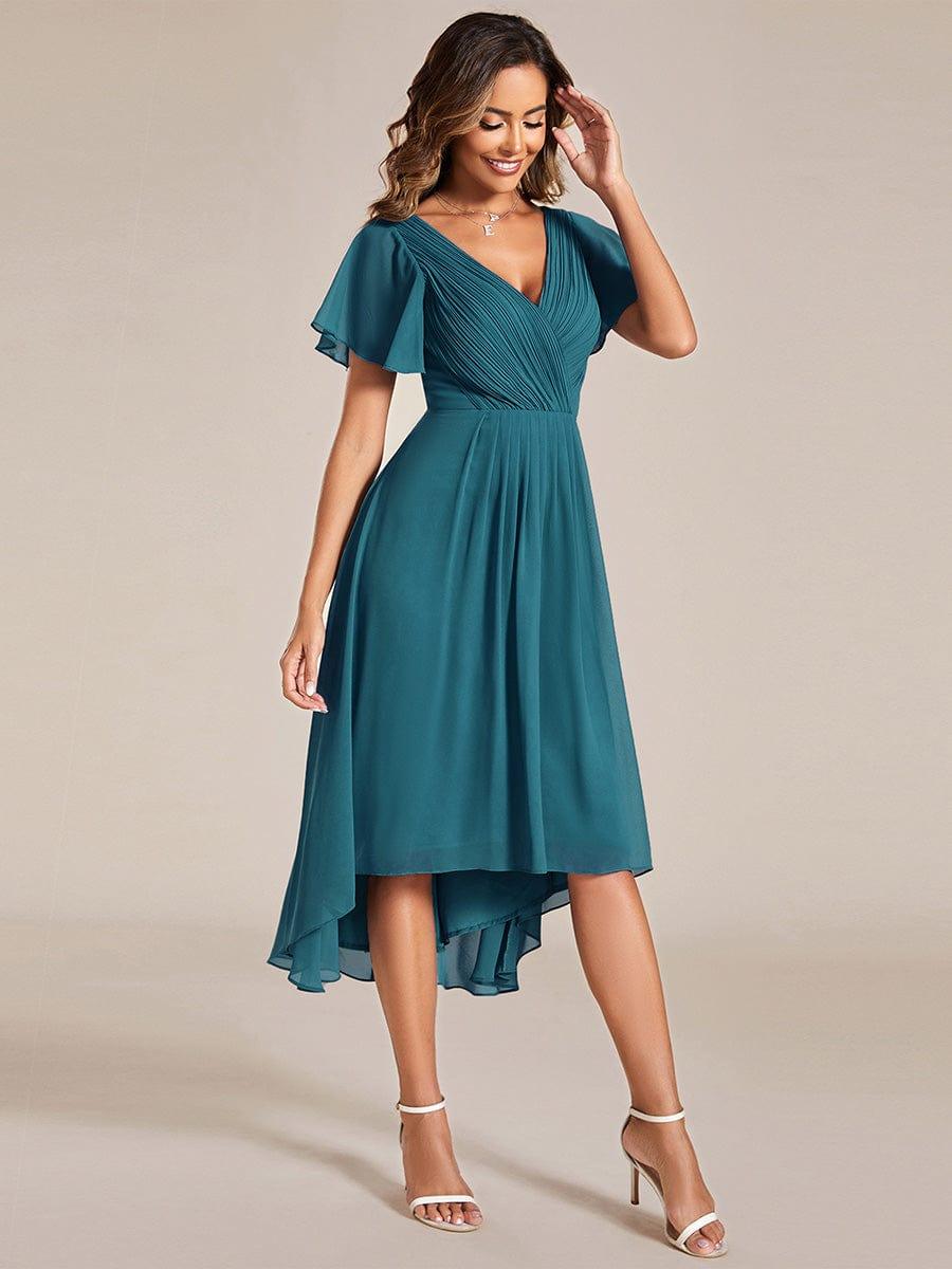 Chic V Neck Asymmetrical Hem Ruffles Sleeve Pleated Chiffon Wedding Guest Dress #color_Teal