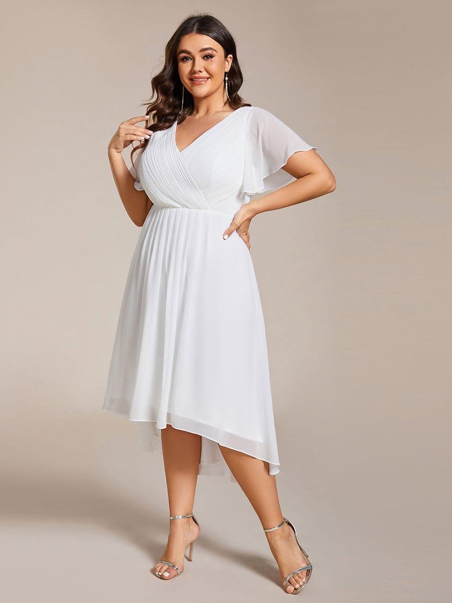 Plus Size Double V-Neck Ruffles Sleeve Chiffon Midi Wedding Guest Dress #color_White