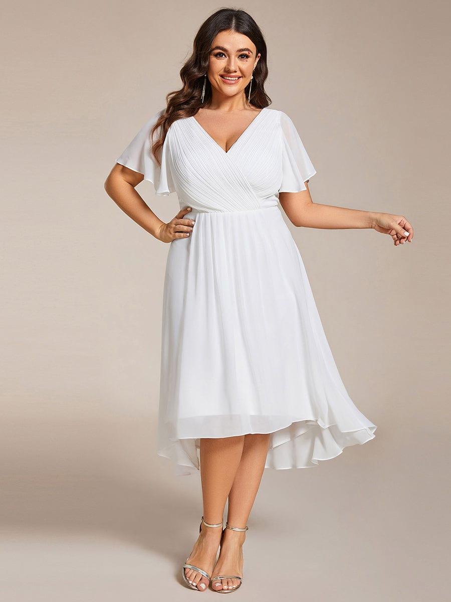 Plus Size Double V-Neck Ruffles Sleeve Chiffon Midi Wedding Guest Dress #color_White