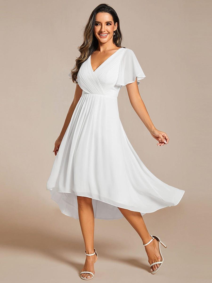 Chic V Neck Asymmetrical Hem Ruffles Sleeve Pleated Chiffon Wedding Guest Dress #color_White
