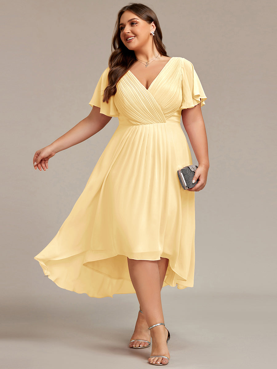 Chic V Neck High-Low Short Sleeve Wedding Guest Dress #color_Yellow