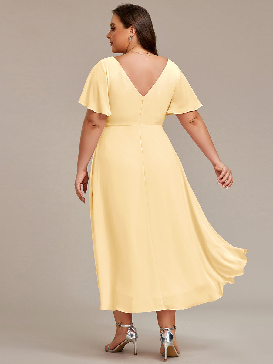 Flowy Chiffon Round Neckline A-Line Knee Length Wedding Guest Dress #color_Yellow
