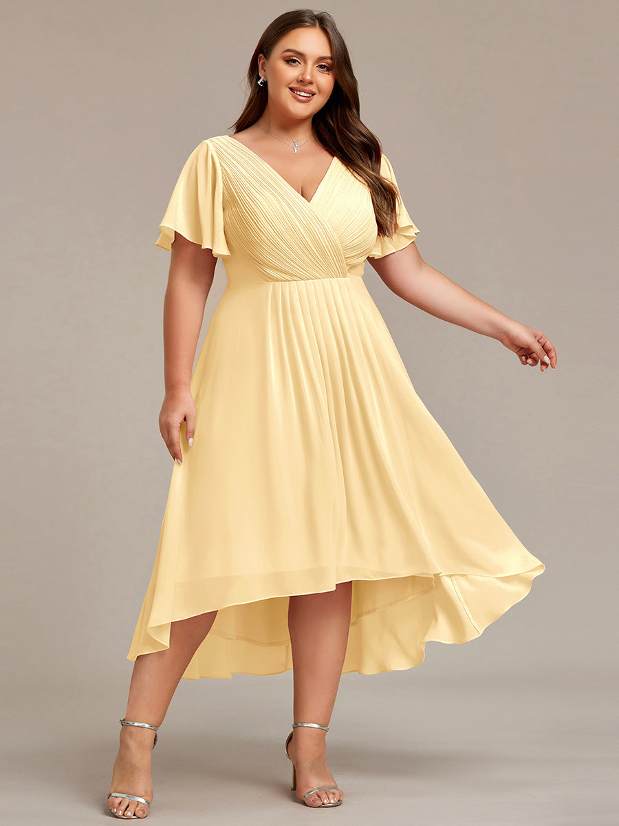 Chic V Neck High-Low Short Sleeve Wedding Guest Dress #color_Yellow