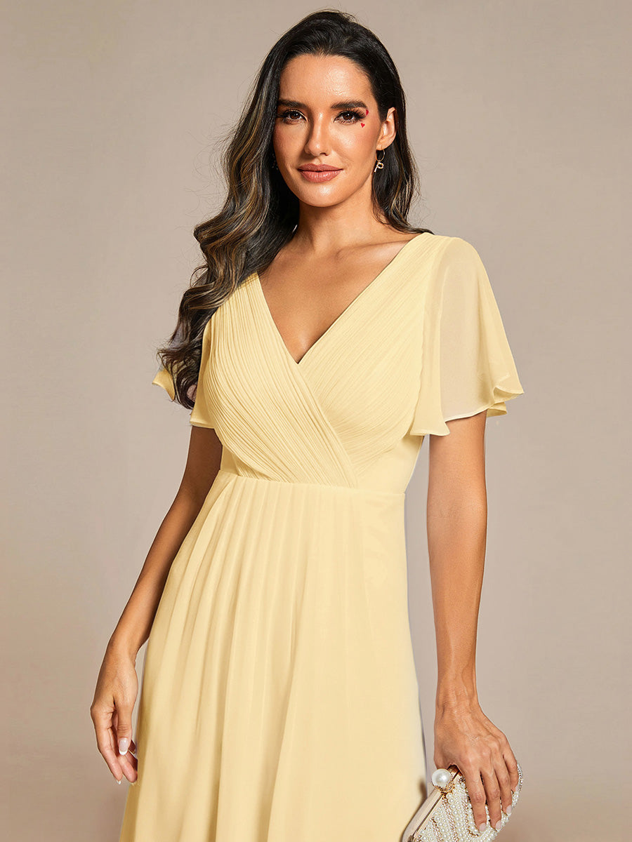 Chic V Neck High-Low Short Sleeve Wedding Guest Dress #color_Yellow