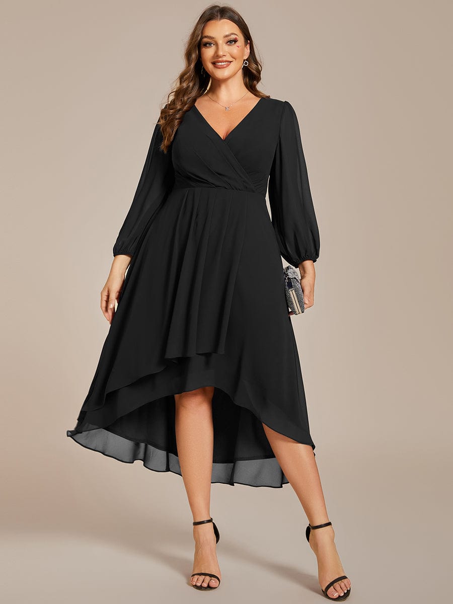 Plus Size Chiffon A-Line Long Sleeves Asymmetrical Hem Wedding Guest Dress #color_Black