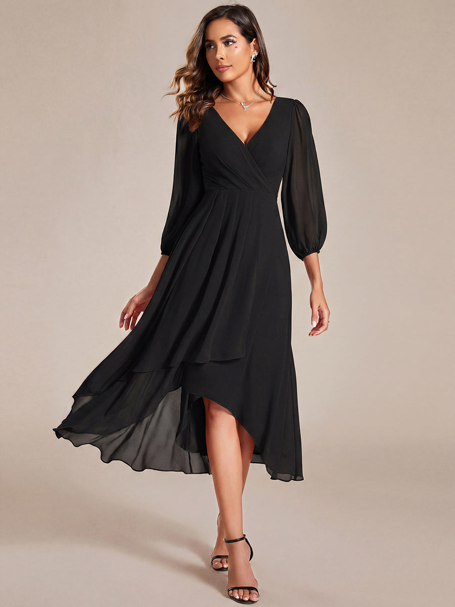 Long Sleeves Asymmetrical Hem A-Line Midi Wedding Guest Dress #color_Black