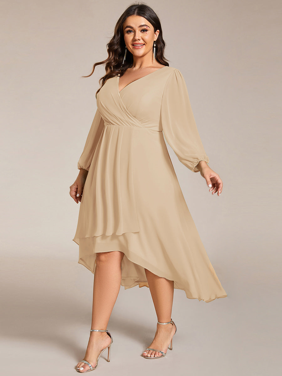 See-Through Long Sleeves V-Neck A-Line Chiffon Wedding Guest Dress #color_Champagne
