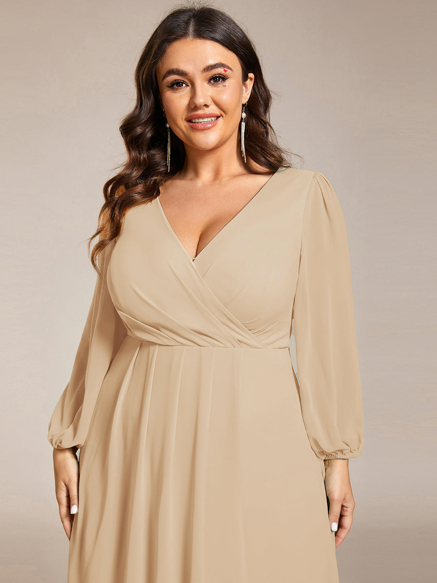Plus Size Chiffon A-Line Long Sleeves Asymmetrical Hem Wedding Guest Dress #color_Champagne