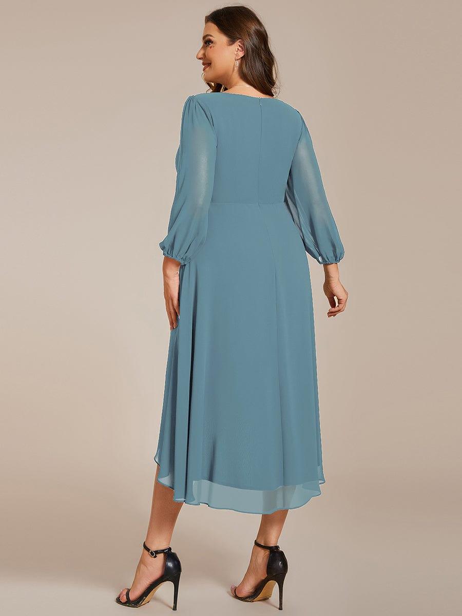 Long Sleeves Asymmetrical Hem A-Line Midi Wedding Guest Dress #color_Light Teal