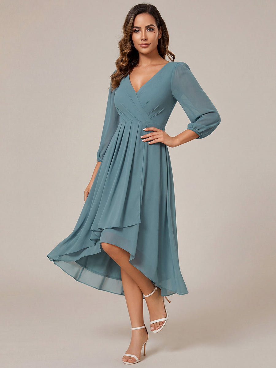 Long Sleeves Asymmetrical Hem A-Line Midi Wedding Guest Dress #color_Light Teal