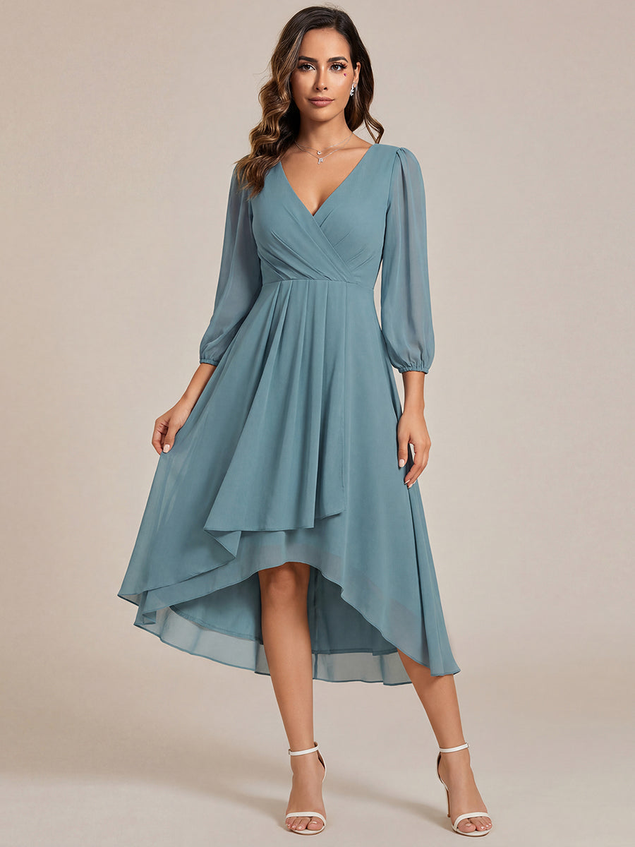 Long Sleeves Asymmetrical Hem A-Line Midi Wedding Guest Dress #color_Light Teal
