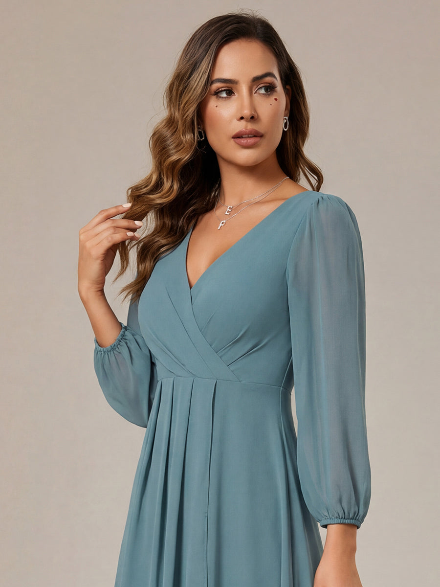 Long Sleeves Asymmetrical Hem A-Line Midi Wedding Guest Dress #color_Light Teal