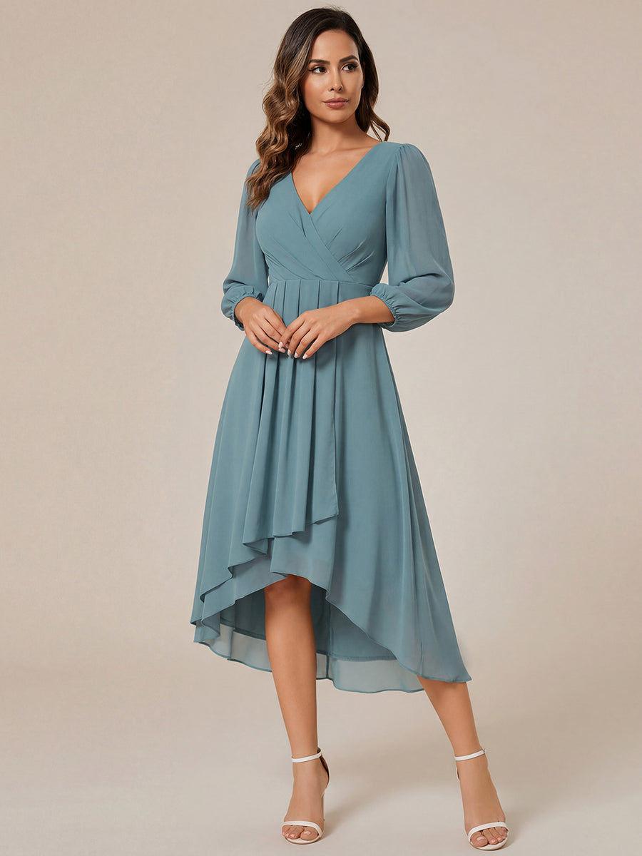 Long Sleeves Asymmetrical Hem A-Line Midi Wedding Guest Dress #color_Light Teal