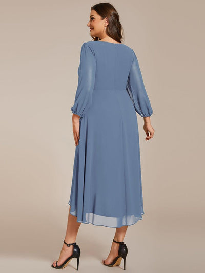 Plus Size Chiffon A-Line Long Sleeves Asymmetrical Hem Wedding Guest Dress #color_Dusty Blue
