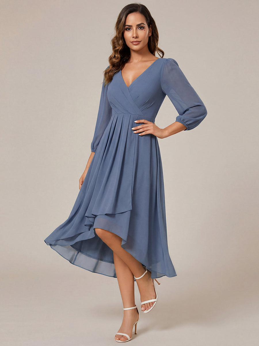 Long Sleeves Asymmetrical Hem A-Line Midi Wedding Guest Dress #color_Dusty Blue