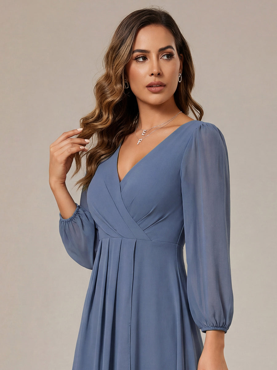 Long Sleeves Asymmetrical Hem A-Line Midi Wedding Guest Dress #color_Dusty Blue