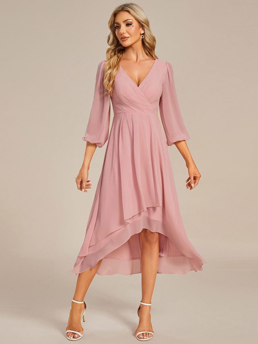 V-Neck A-Line Chiffon Elegant Wedding Guest Dress #color_Dusty Rose