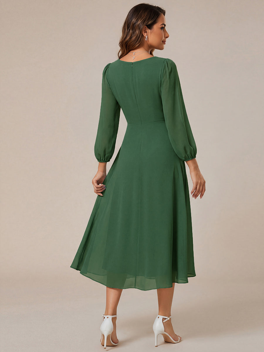 Long Sleeves Asymmetrical Hem A-Line Midi Wedding Guest Dress #color_Eucalyptus