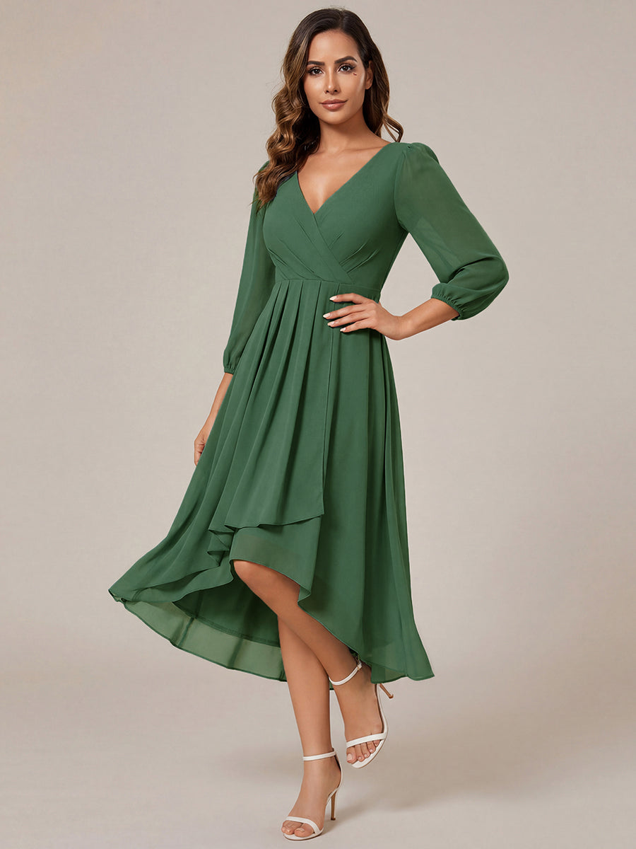 Long Sleeves Asymmetrical Hem A-Line Midi Wedding Guest Dress #color_Eucalyptus