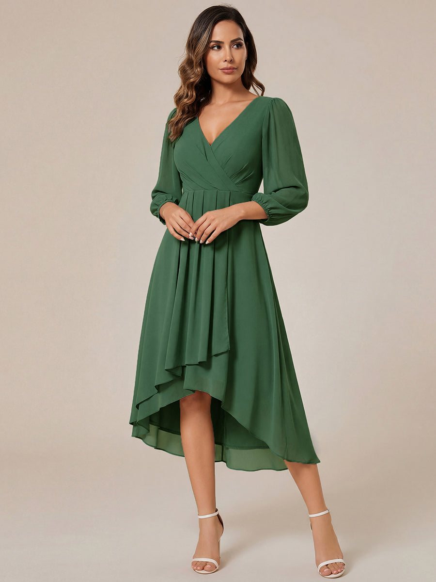 Long Sleeves Asymmetrical Hem A-Line Midi Wedding Guest Dress #color_Eucalyptus