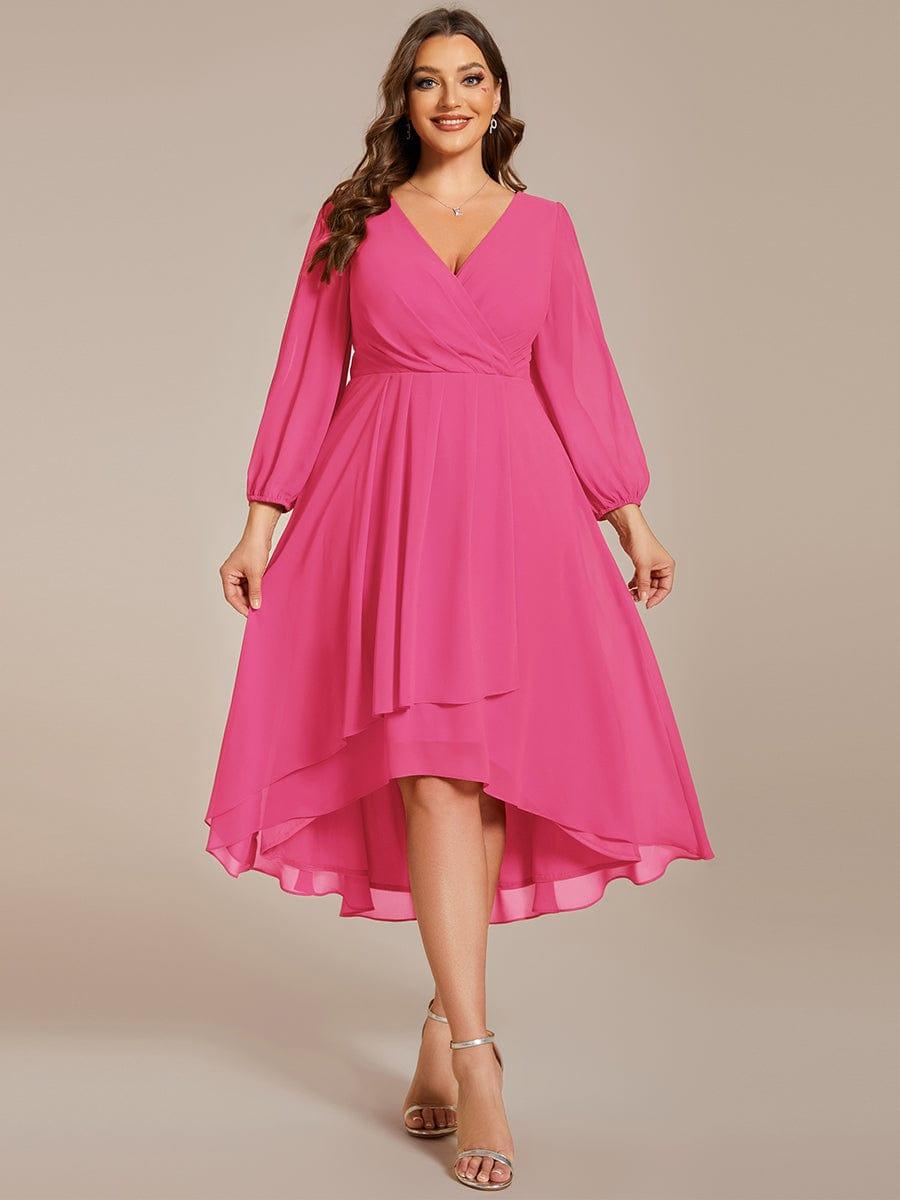 V-Neck A-Line Chiffon Elegant Wedding Guest Dress #color_Hot Pink