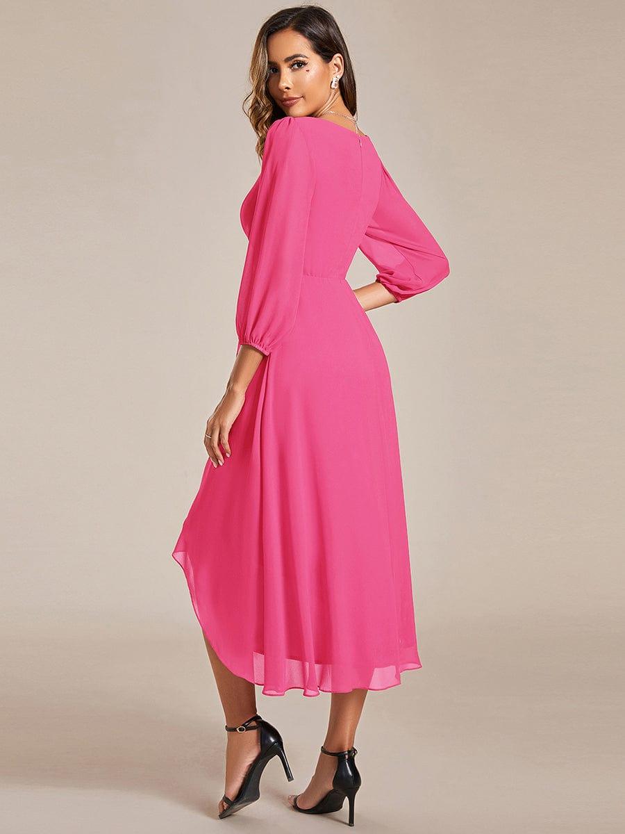 Long Sleeves Asymmetrical Hem A-Line Midi Wedding Guest Dress #color_Hot Pink