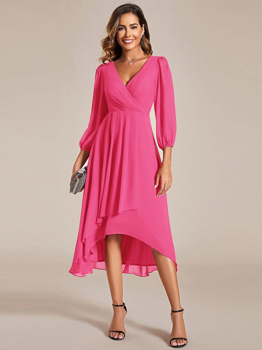 V-Neck A-Line Chiffon Elegant Wedding Guest Dress #color_Hot Pink