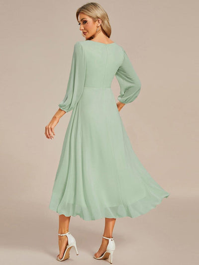 Long Sleeves Asymmetrical Hem A-Line Midi Wedding Guest Dress #color_Mint Green