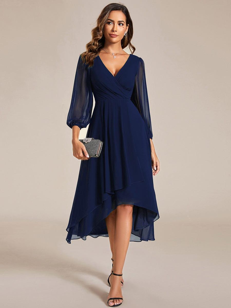 Pleated V-Neck 3/4 Sleeves Asymmetrical Hem Wedding Guest Dress