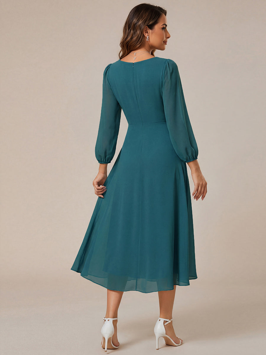 Long Sleeves Asymmetrical Hem A-Line Midi Wedding Guest Dress #color_Teal