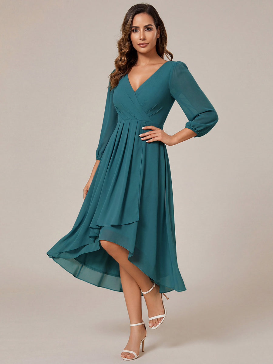 Long Sleeves Asymmetrical Hem A-Line Midi Wedding Guest Dress #color_Teal
