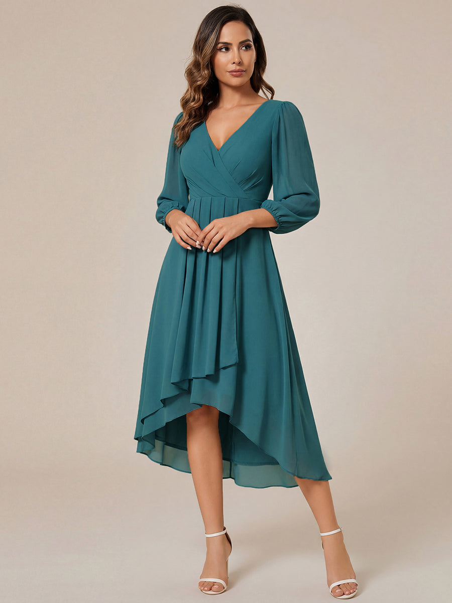 Long Sleeves Asymmetrical Hem A-Line Midi Wedding Guest Dress #color_Teal