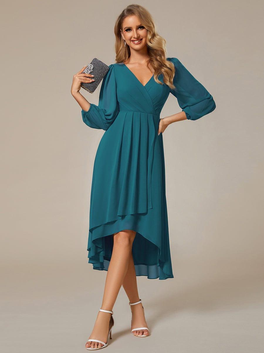 Long Sleeves Asymmetrical Hem A-Line Midi Wedding Guest Dress #color_Teal