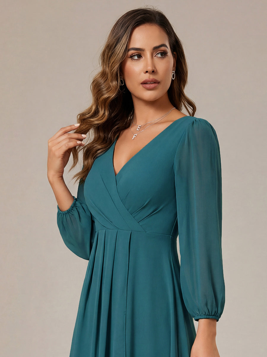 Long Sleeves Asymmetrical Hem A-Line Midi Wedding Guest Dress #color_Teal