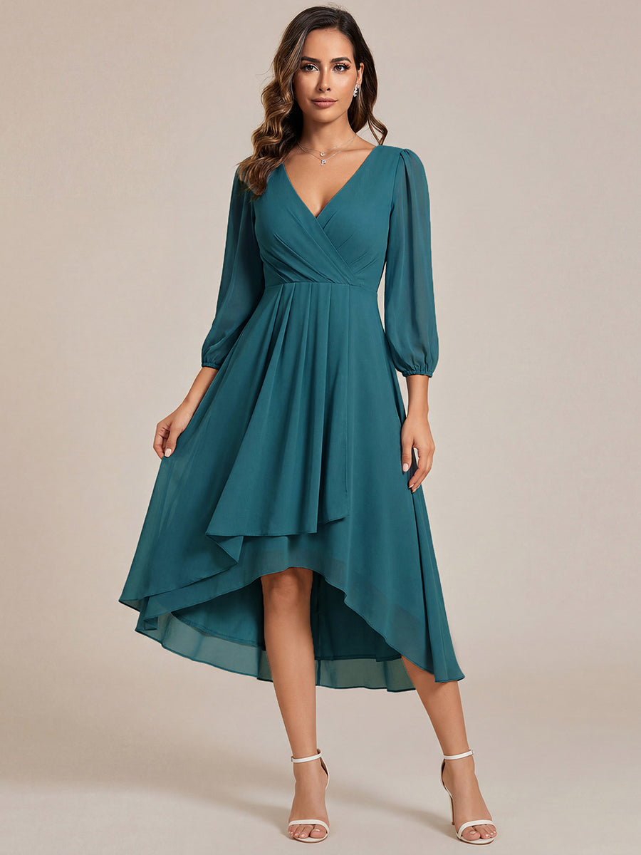 Long Sleeves Asymmetrical Hem A-Line Midi Wedding Guest Dress #color_Teal
